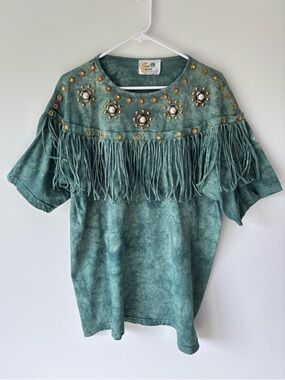 Vintage Teal Fringe Short Sleeve Tee with Gold Studs